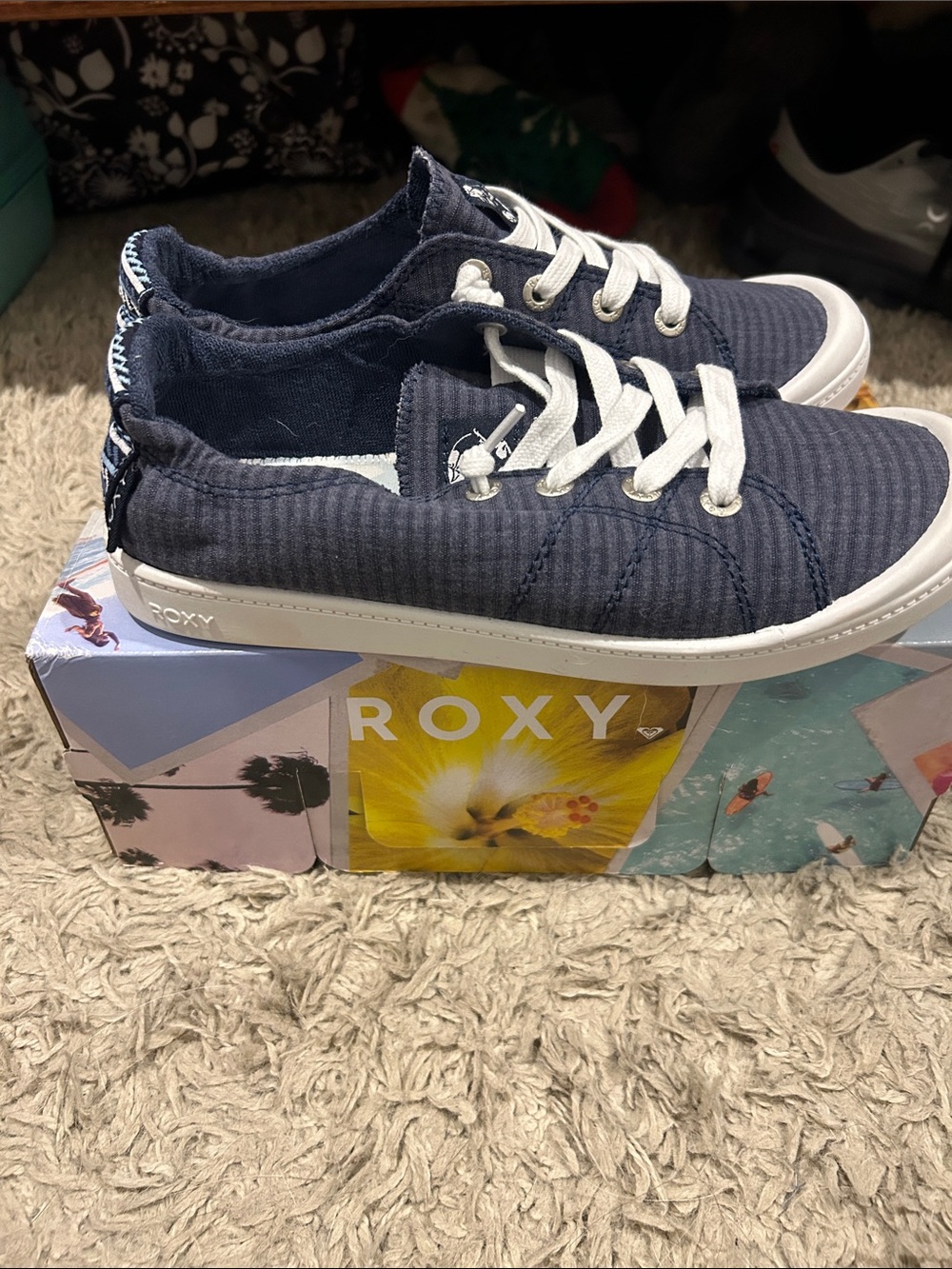 Roxy Navy and White Womens Lace-Up Slip on Canvas Sneakers